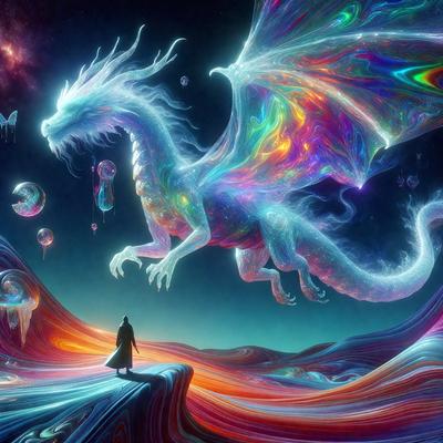 The primary subject of the image is a dragon, which is a large, colorful, and fantastical creature. The dragon is surrounded by a vibrant and surreal environment, with a backdrop of swirling colors and a sky filled with stars. The visual style of the image is digital art, as it appears to be a computer-generated or digitally painted scene. The dominant colors in the image are red, blue, and purple, creating a lively and imaginative atmosphere.
